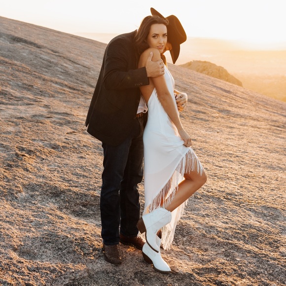 White Satin Beaded Fringe Midi Dress Asymmetrical - Picture 2 of 6